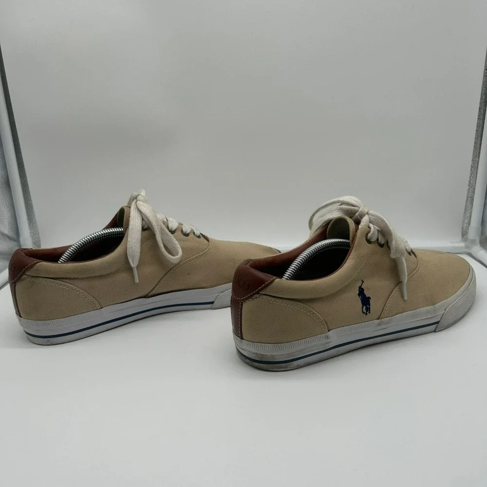 Polo Ralph Lauren Vaughn Sneaker Men 11 Solid Canvas‎ Leather Lace Up Khaki Tan